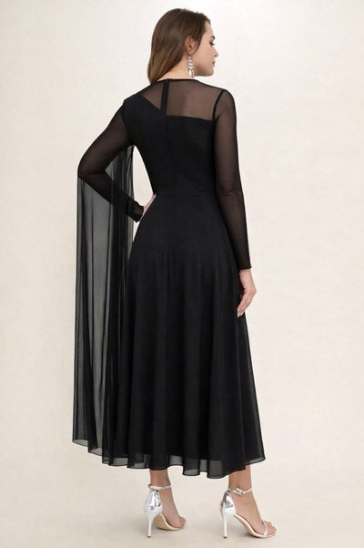 Rochie Sandy lungă din material suprem cu mâneci lungi, guler semi-halter și detaliu din tul, 33664