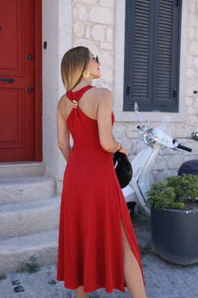 Rochie din Viscon, Femeie, Umeri Goi, Broșă Dorsală, Tăieturi Laterale, Lungime Lungă, 36721