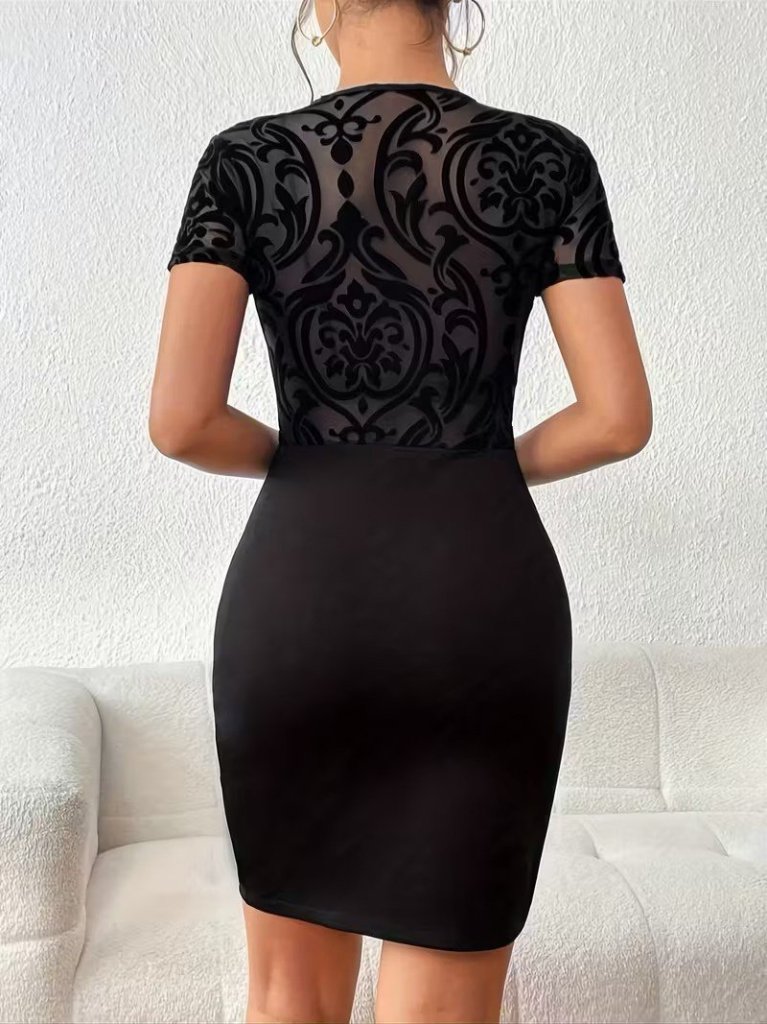 Women's Short Sleeve Crew Neck Transparent Tulle Detail Short Imported Crepe Dress, 31772