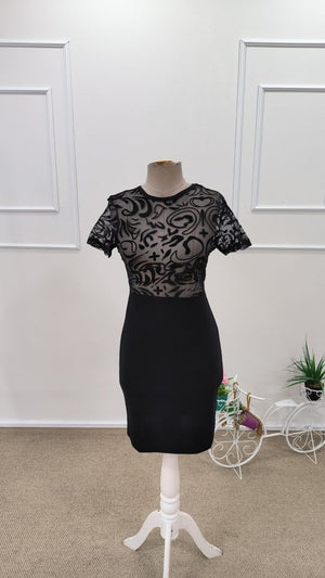 Rochie scurtă pentru femei, cu mânecă scurtă, guler rotund, din crep importat, cu detalii transparente din tul, 31772
