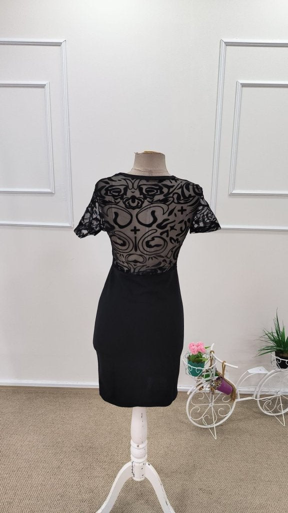 Women's Short Sleeve Crew Neck Transparent Tulle Detail Short Imported Crepe Dress, 31772