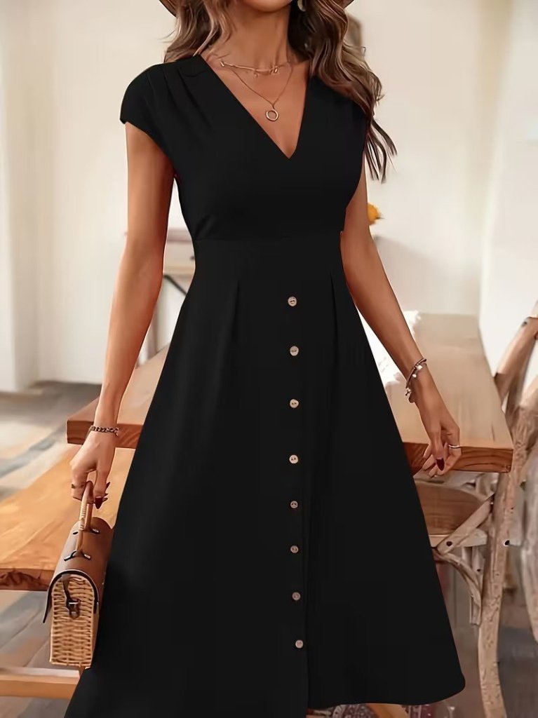 Rochie midi din viscoză țesută, cu mânecă scurtă, decolteu în V și nasturi în față, pentru femei, 31778