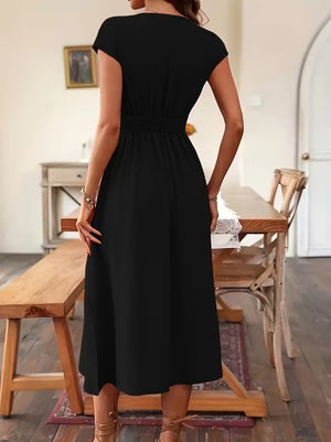 Rochie midi din viscoză țesută, cu mânecă scurtă, decolteu în V și nasturi în față, pentru femei, 31778