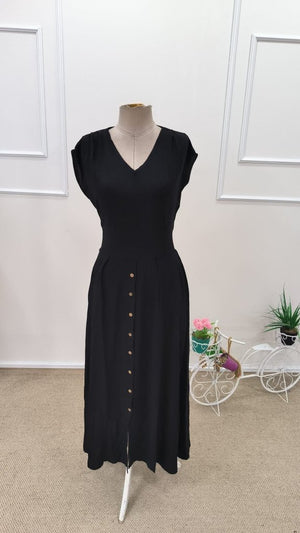 Rochie midi din viscoză țesută, cu mânecă scurtă, decolteu în V și nasturi în față, pentru femei, 31778