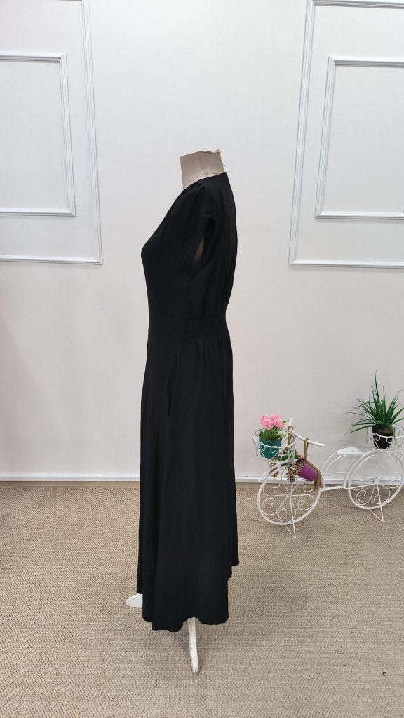 Rochie midi din viscoză țesută, cu mânecă scurtă, decolteu în V și nasturi în față, pentru femei, 31778