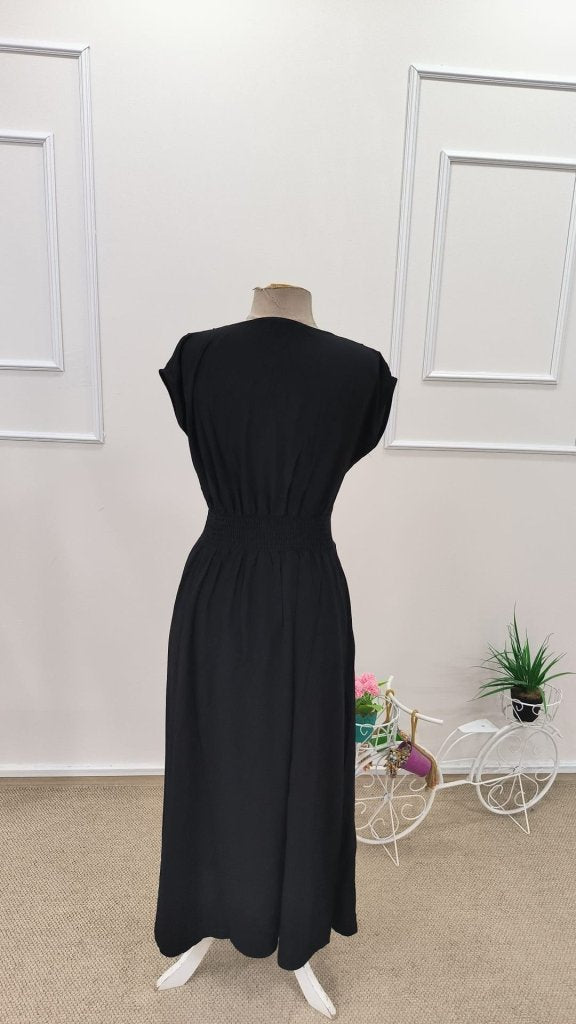 Rochie midi din viscoză țesută, cu mânecă scurtă, decolteu în V și nasturi în față, pentru femei, 31778
