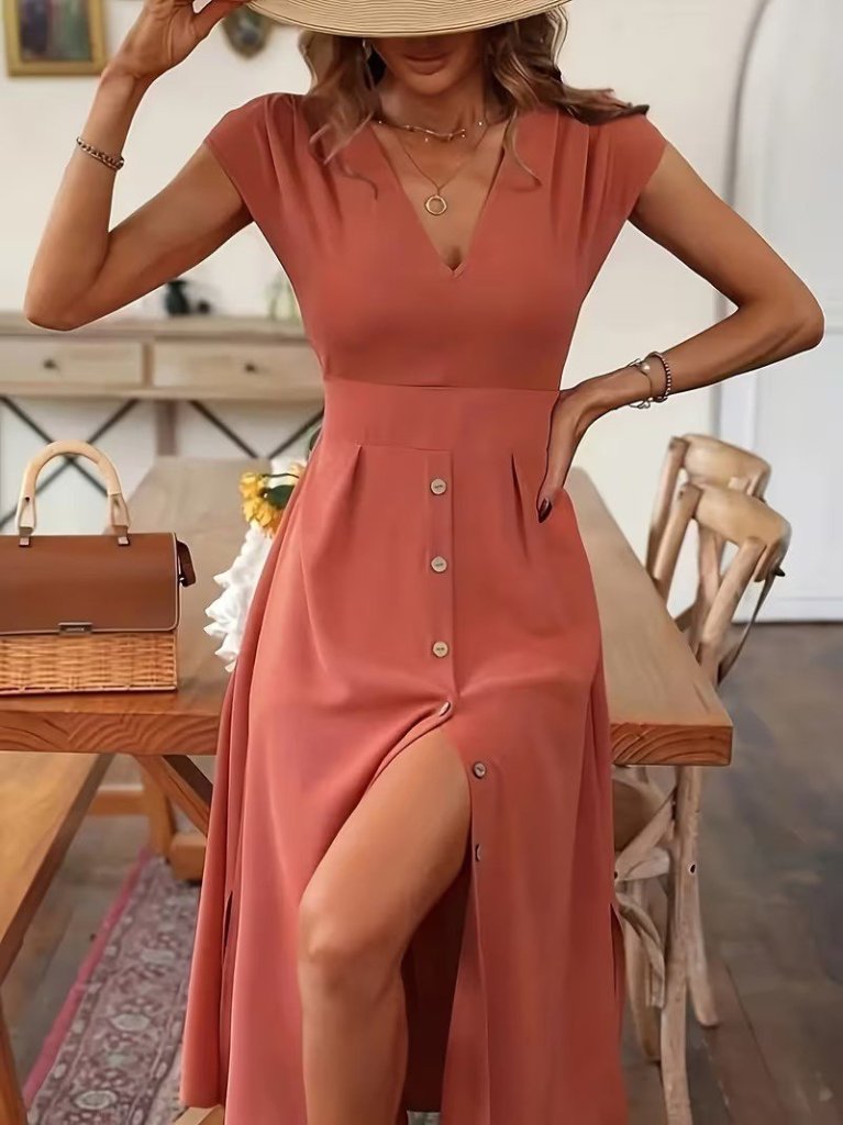 Rochie midi din viscoză țesută, cu mânecă scurtă, decolteu în V și nasturi în față, pentru femei, 31780