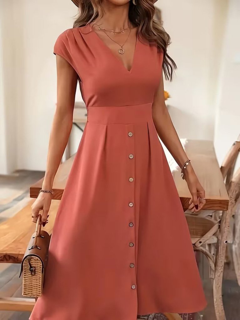 Rochie midi din viscoză țesută, cu mânecă scurtă, decolteu în V și nasturi în față, pentru femei, 31780
