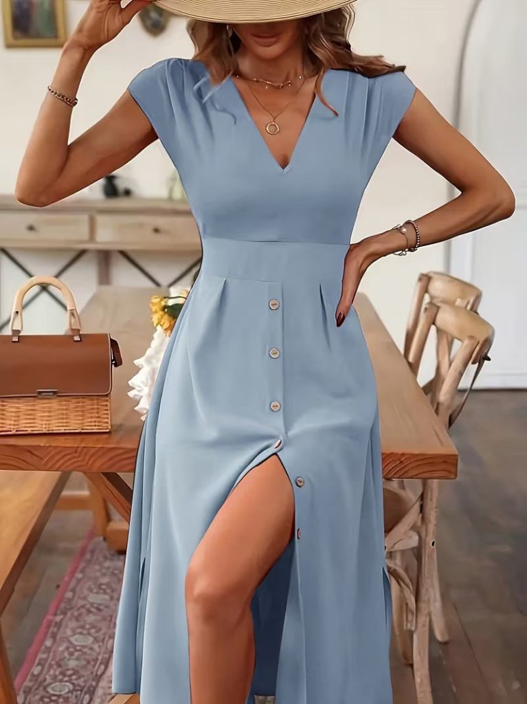 Rochie midi din viscoză țesută, cu mânecă scurtă, decolteu în V și nasturi în față, pentru femei, 31781