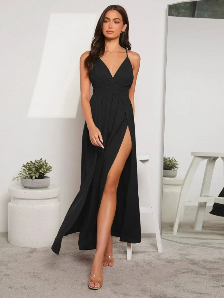 Rochie lungă pentru femei, cu bretele, înfășurate în jurul mânecii și crăpături, confecționată din crepe nativ, 31806