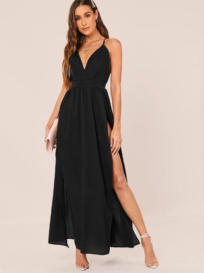 Rochie lungă pentru femei, cu bretele, înfășurate în jurul mânecii și crăpături, confecționată din crepe nativ, 31806