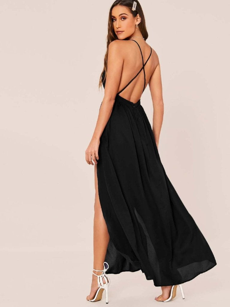 Rochie lungă pentru femei, cu bretele, înfășurate în jurul mânecii și crăpături, confecționată din crepe nativ, 31806