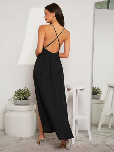 Rochie lungă pentru femei, cu bretele, înfășurate în jurul mânecii și crăpături, confecționată din crepe nativ, 31806