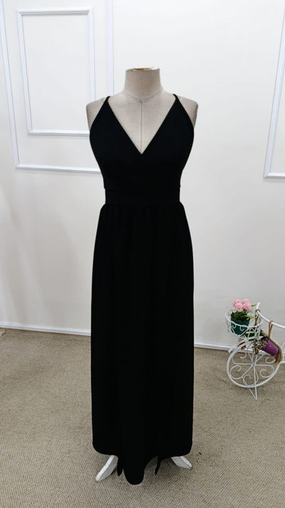 Rochie lungă pentru femei, cu bretele, înfășurate în jurul mânecii și crăpături, confecționată din crepe nativ, 31806