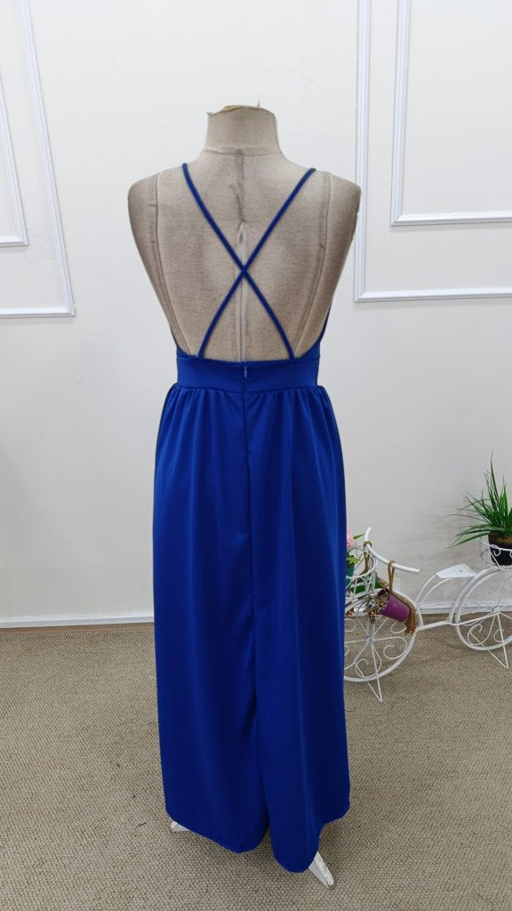 Rochie lungă pentru femei, cu bretele, înfășurate în jurul mânecii și crăpături, confecționată din crepe nativ, 31807