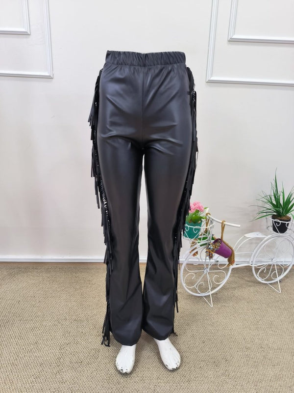 Pantaloni din piele cu talie înaltă pentru femei, cu franjuri laterale, 31811