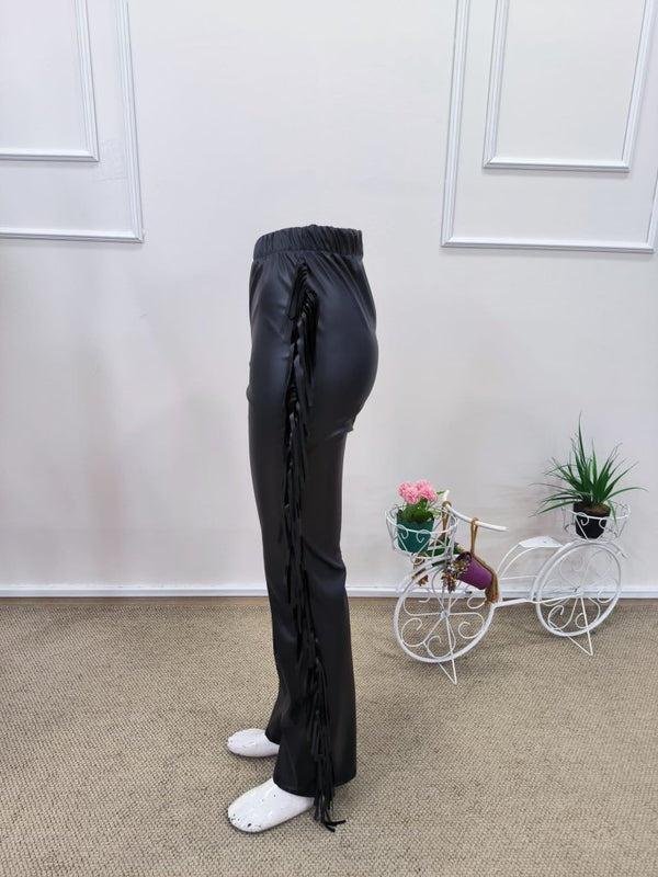 Pantaloni din piele cu talie înaltă pentru femei, cu franjuri laterale, 31811