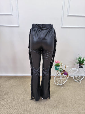 Pantaloni din piele cu talie înaltă pentru femei, cu franjuri laterale, 31811
