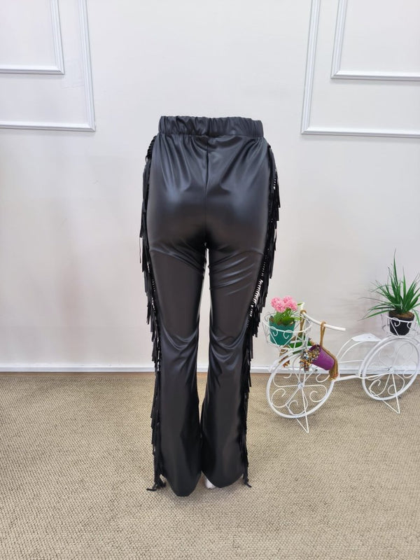 Pantaloni din piele cu talie înaltă pentru femei, cu franjuri laterale, 31811