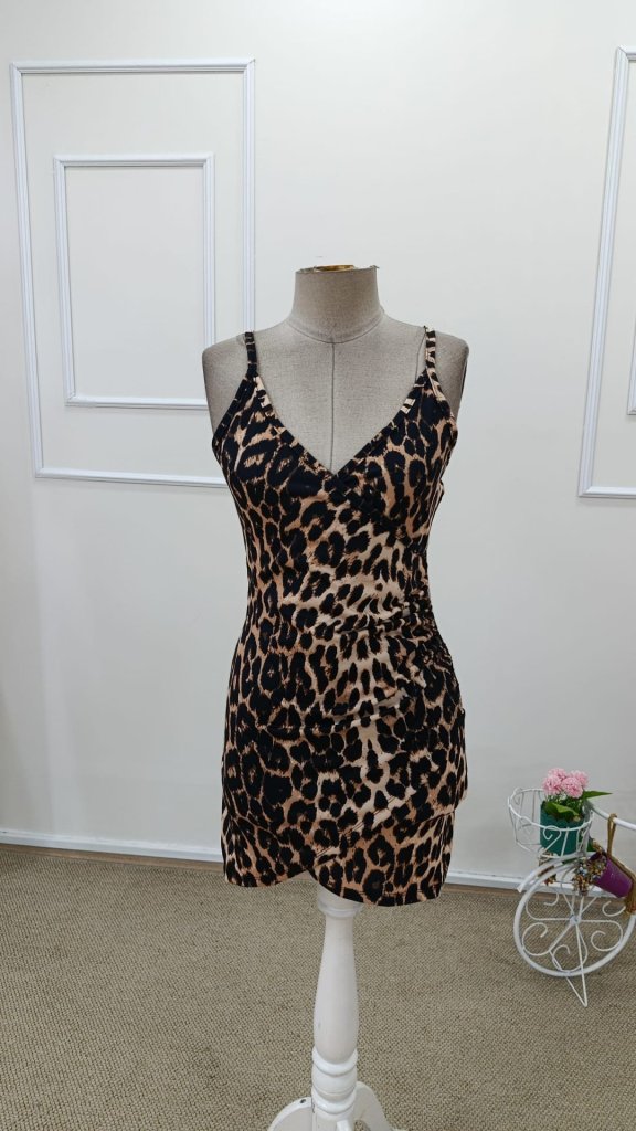 Rochie scurtă Supreme pentru femei, cu imprimeu leopard, decolteu înfășurat, bretele, încrețite lateral, 31836