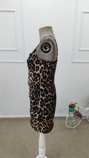 Rochie scurtă Supreme pentru femei, cu imprimeu leopard, decolteu înfășurat, bretele, încrețite lateral, 31836