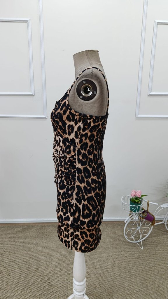 Rochie scurtă Supreme pentru femei, cu imprimeu leopard, decolteu înfășurat, bretele, încrețite lateral, 31836