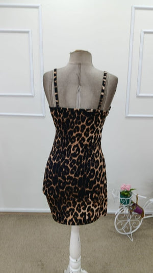 Rochie scurtă Supreme pentru femei, cu imprimeu leopard, decolteu înfășurat, bretele, încrețite lateral, 31836