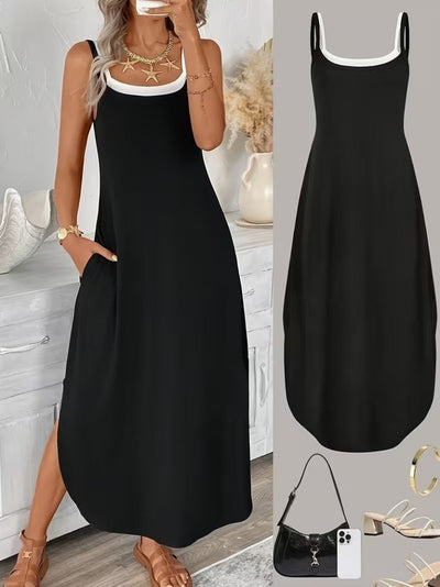 Women's Strappy Round Neck Pocketed Long Viscose Dress, 31840