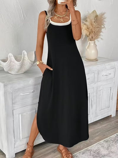 Women's Strappy Round Neck Pocketed Long Viscose Dress, 31840