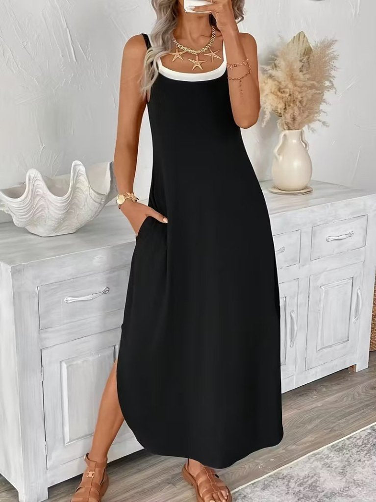 Women's Strappy Round Neck Pocketed Long Viscose Dress, 31840