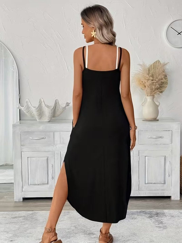 Women's Strappy Round Neck Pocketed Long Viscose Dress, 31840