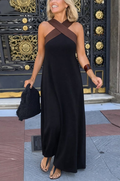Women's Front Cross-Detail Two-Tone Long Viscose Dress, 31848