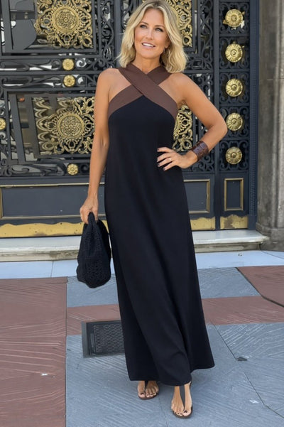 Women's Front Cross-Detail Two-Tone Long Viscose Dress, 31848