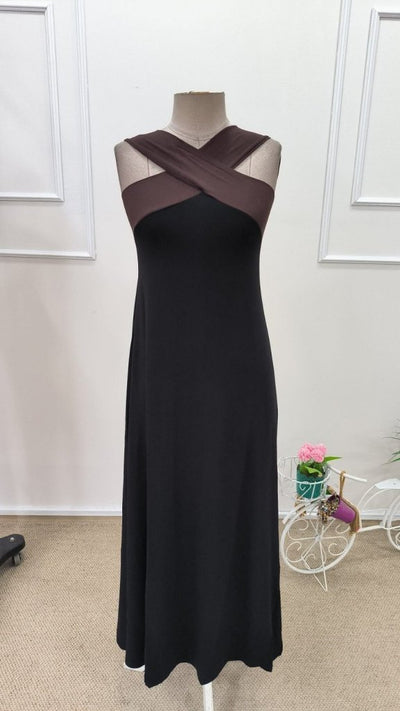 Women's Front Cross-Detail Two-Tone Long Viscose Dress, 31848