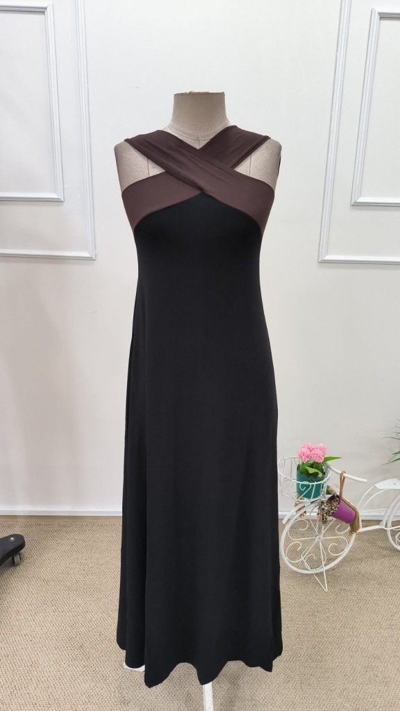 Women's Front Cross-Detail Two-Tone Long Viscose Dress, 31848