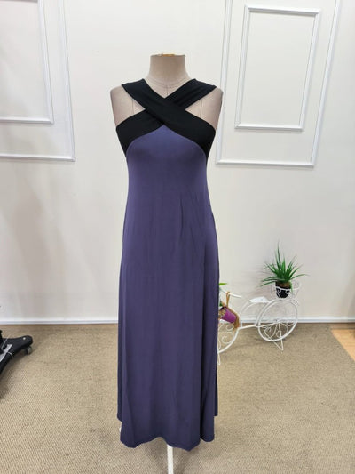 Women's Front Cross Detail Two-Tone Long Viscose Dress, 31850