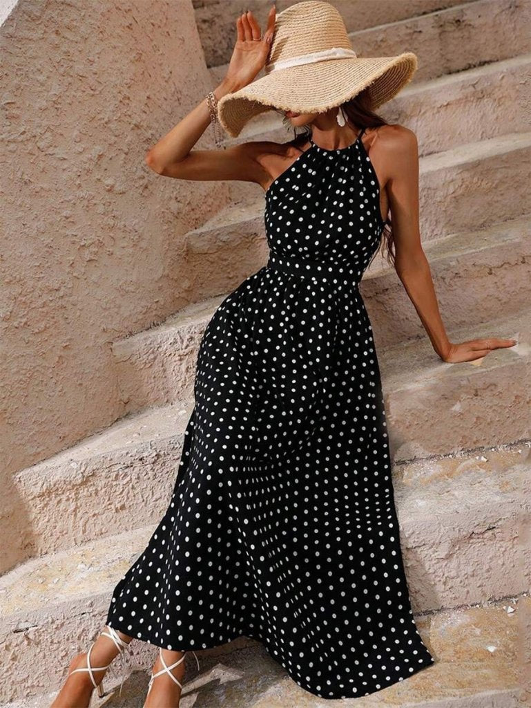 Rochie lungă din crep tricotat cu buline și decolteu halter pentru femei, cu umerii goi, 31852