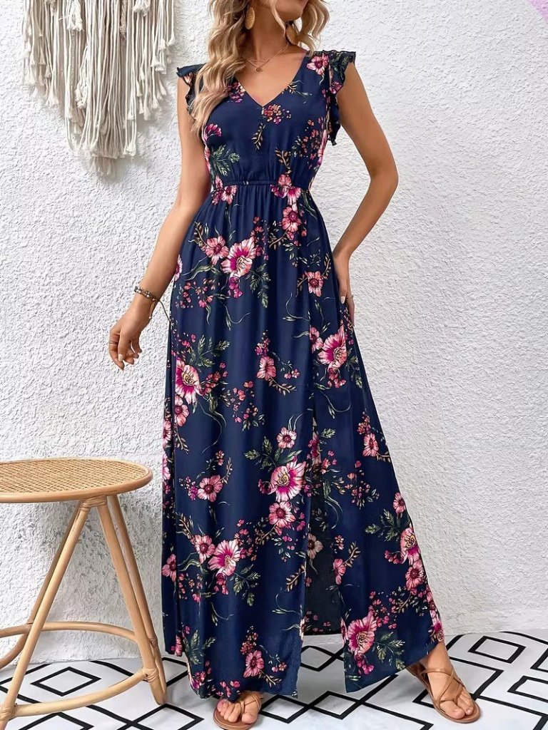 Rochie lungă Supreme pentru femei, cu mânecă scurtă, decolteu înfășurat, model floral, 31857