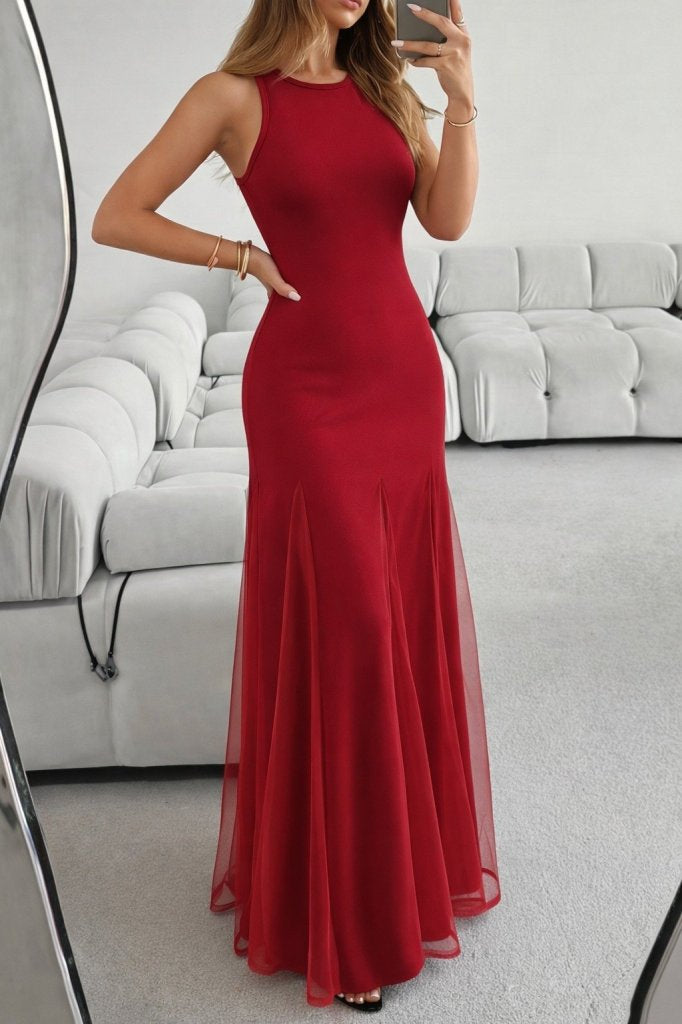 Rochie lungă de damă, import, din crep, asimetrică, cloș, cu guler rotund, bretele subțiri și detalii din tul la tiv, 33175