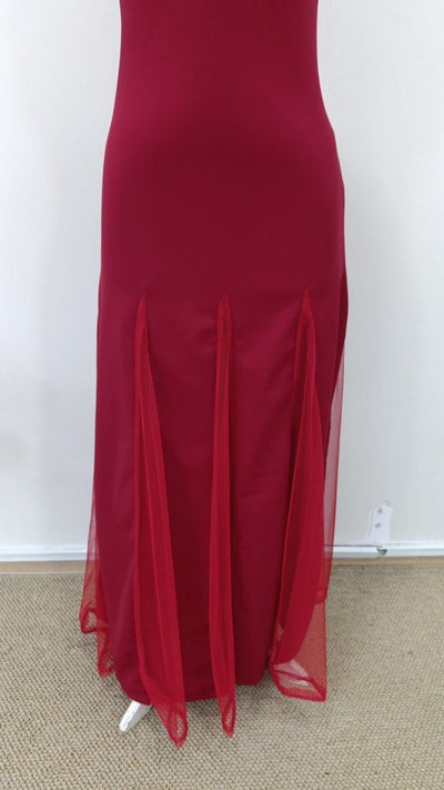 Rochie lungă de damă, import, din crep, asimetrică, cloș, cu guler rotund, bretele subțiri și detalii din tul la tiv, 33175