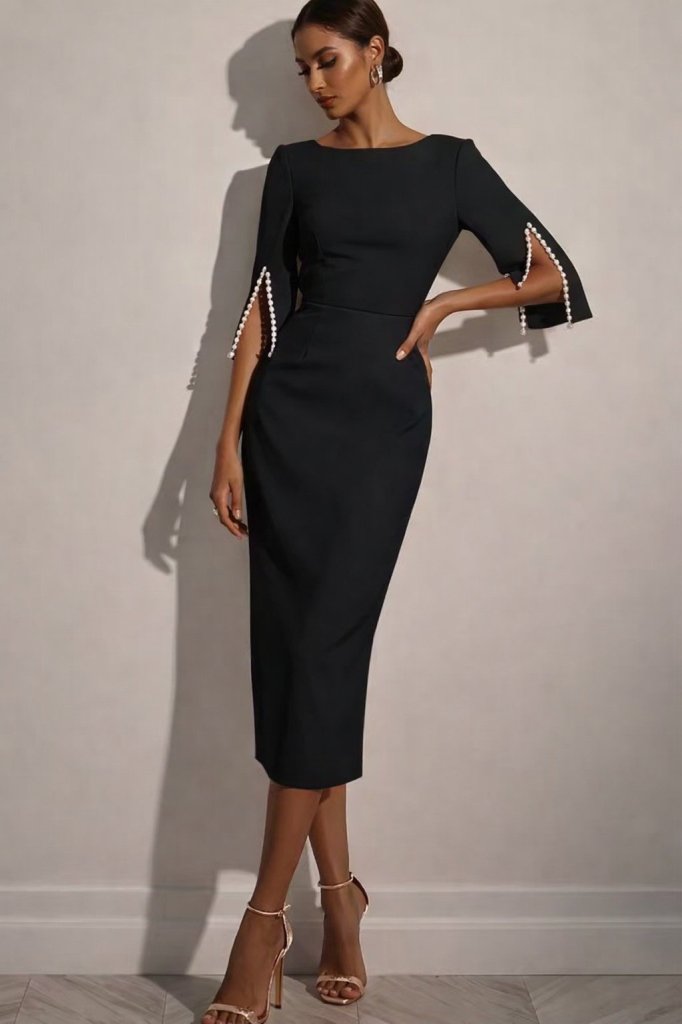 Rochie midi din crep importat, cu mânecă scurtă și perle, cu decolteu rotund, 31910