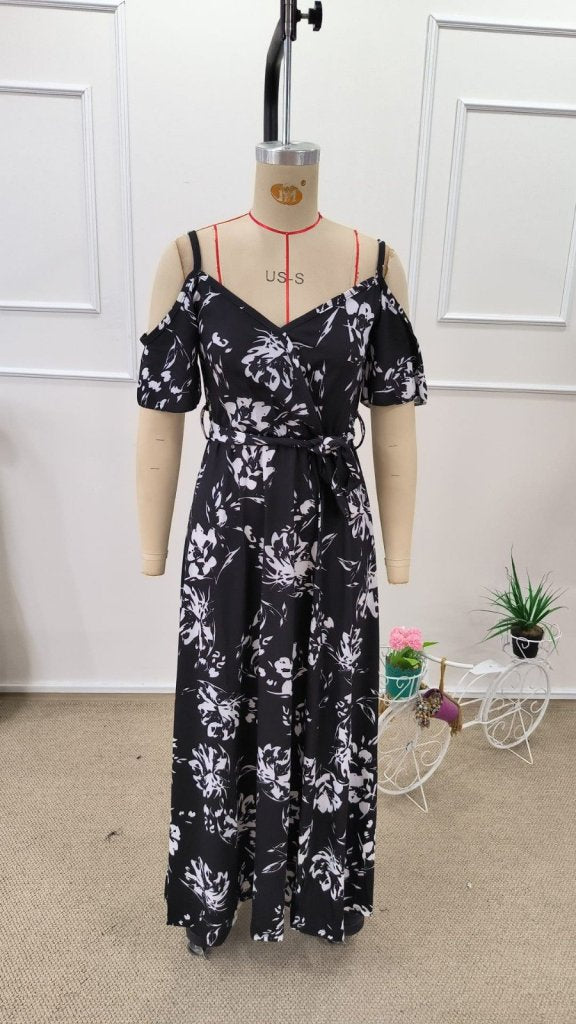 Rochie de damă din suprapunere cu bretele subțiri, mâneci scurte, decolteu petrecut, crăpătură și imprimeu, 31940