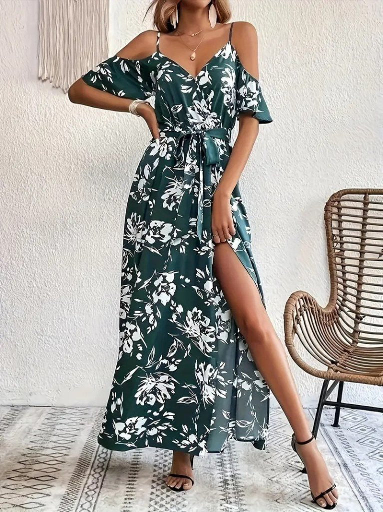 Women's Spaghetti Strap Short Sleeve Wrap Neck Slit Patterned Supreme Dress, 31943