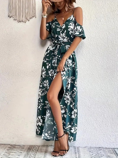 Women's Spaghetti Strap Short Sleeve Wrap Neck Slit Patterned Supreme Dress, 31943