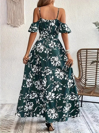 Women's Spaghetti Strap Short Sleeve Wrap Neck Slit Patterned Supreme Dress, 31943