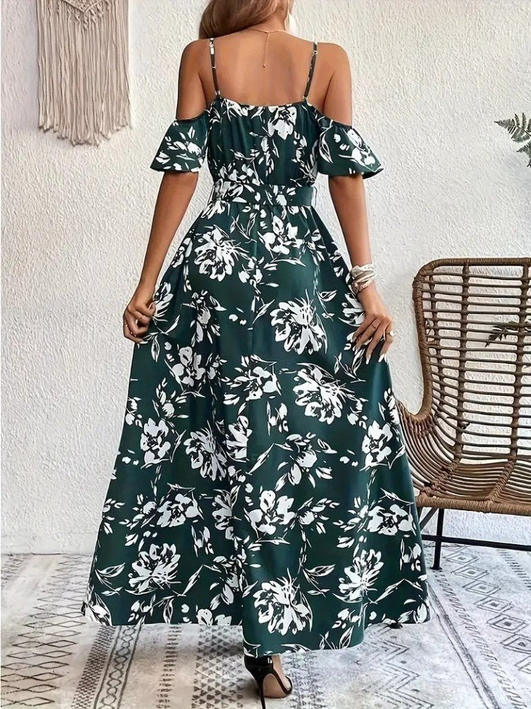 Women's Spaghetti Strap Short Sleeve Wrap Neck Slit Patterned Supreme Dress, 31943