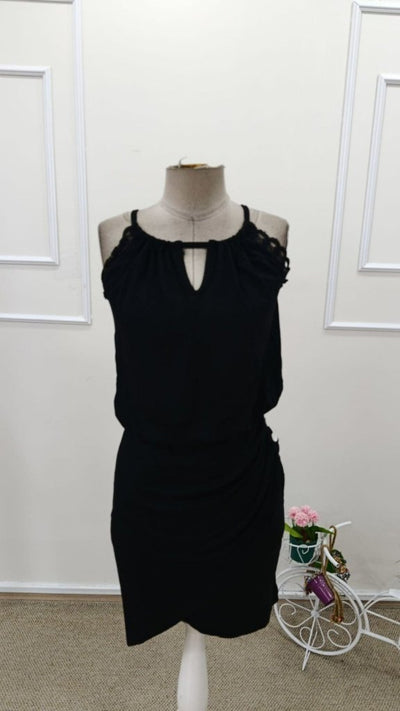 Rochie scurtă din viscoză pentru femei, cu decolteu rotund, cu nod la spate, cu nasturi, croială asimetrică, 31955