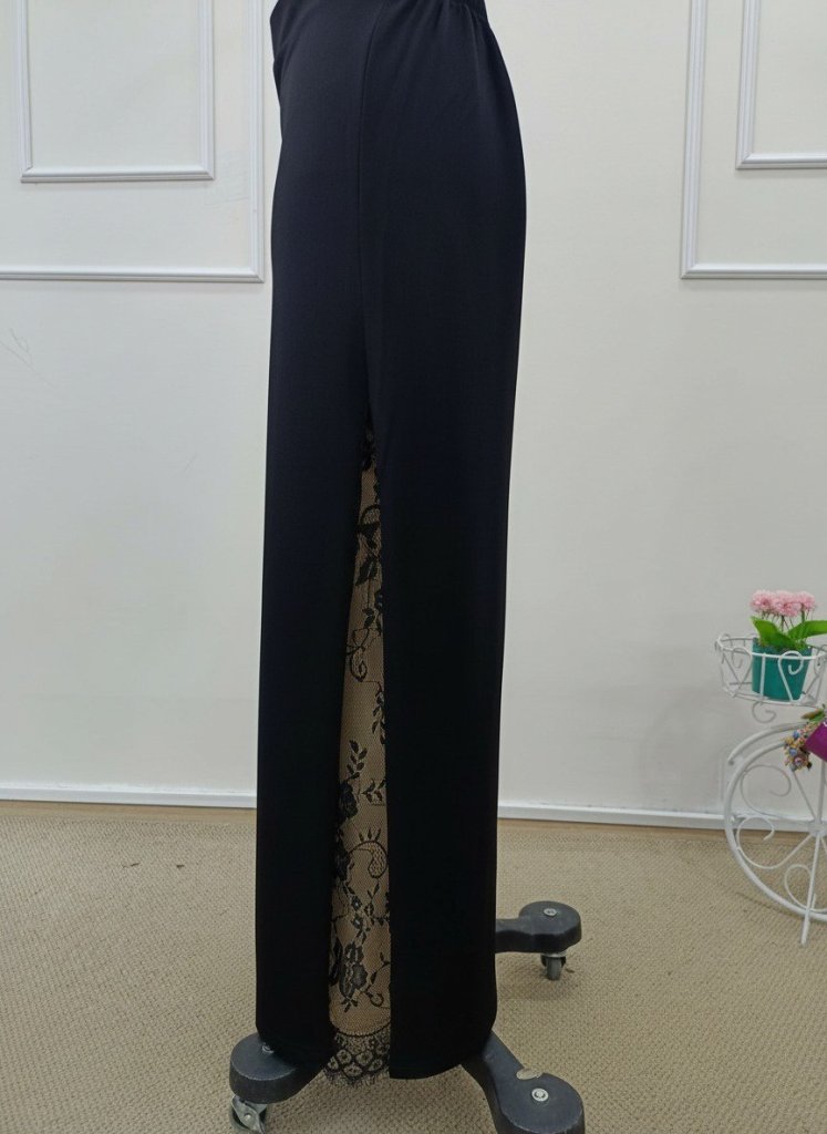 Pantaloni de damă din crep importat cu talie înaltă și garnitură laterală din dantelă, 34487