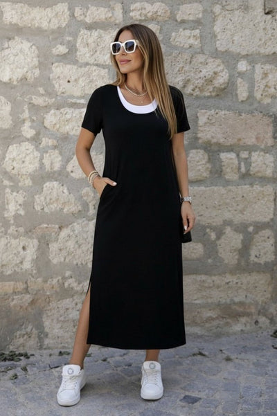 Rochie lungă de damă din viscoză, cu mânecă scurtă, cu aspect de maiou în interior și crăpătură laterală, 35376