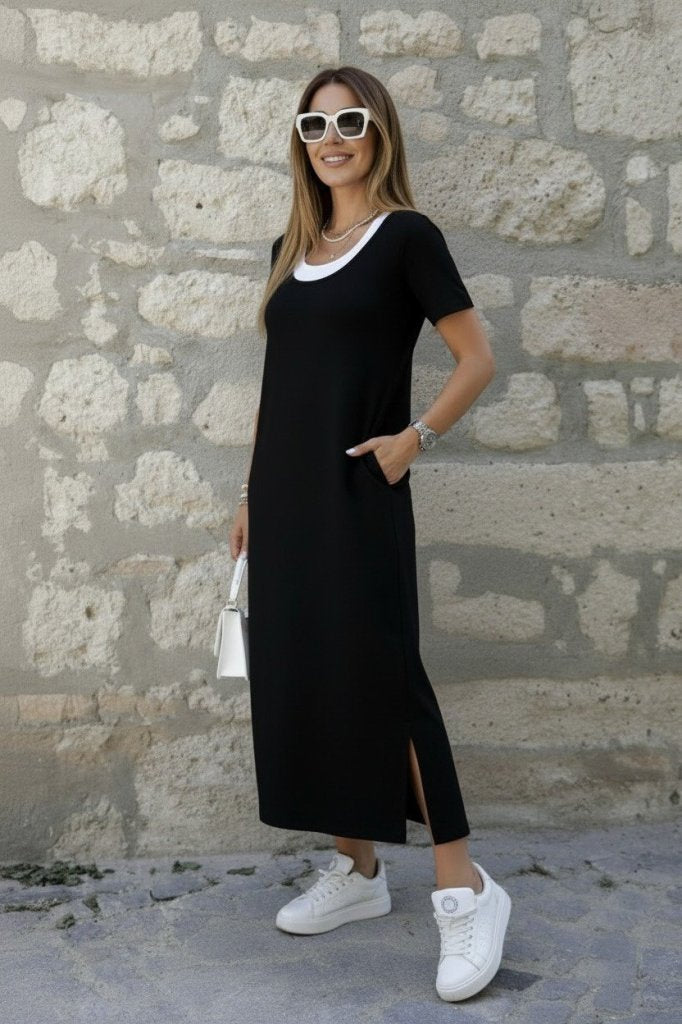 Rochie lungă de damă din viscoză, cu mânecă scurtă, cu aspect de maiou în interior și crăpătură laterală, 35376